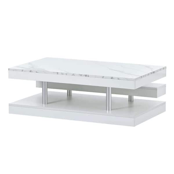 Zeus & Ruta White Modern 2-Tier Coffee Table Rectangle Cocktail Table with Silver Metal Legs, High-gloss UV Surface for Living Room