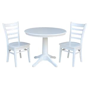 3-Piece Set Olivia White Solid Wood 36 in Round Pedestal Dining Table and 2 Emily Side Chairs