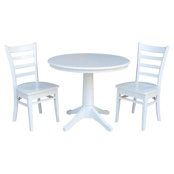 International Concepts 3-Piece Set Olivia White Solid Wood 36 in Round Pedestal Dining Table and 2 Emily Side Chairs