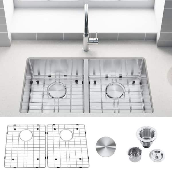 32 in. Drop-in/Undermount Double Bowl 18 -Gauge Stainless Steel Kitchen Sink with Bottom Grids