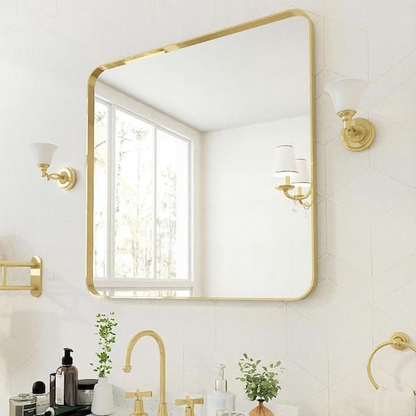 36 in. W x 36 in. H Rectangular Aluminum Framed Wall Bathroom Vanity Mirror in Gold