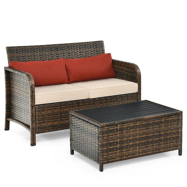 FORCLOVER 2-Piece Wicker Patio Conversation Set with Beige Cushion and Slatted-Top Coffee Table