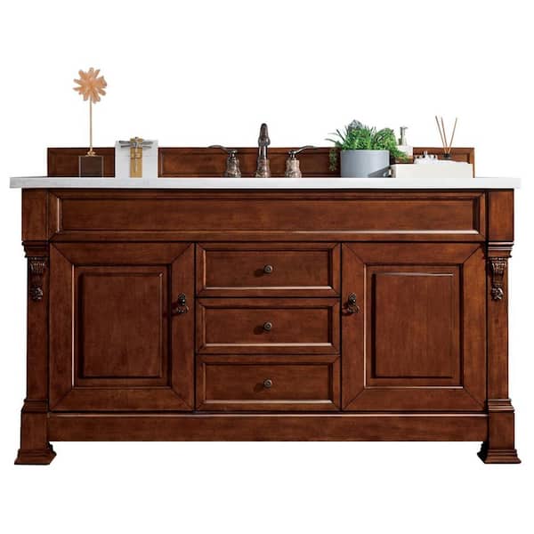 James Martin Vanities Brookfield 60.0 in. W x 23.5 in. D x 34.3 in. H Bathroom Vanity in Warm Cherry with White Zeus Quartz Top