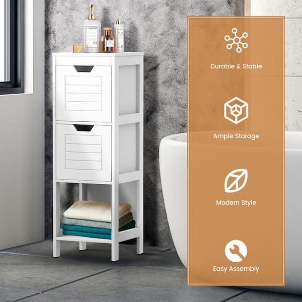 White Wood Bathroom Storage Cabinet with 2 Drawers