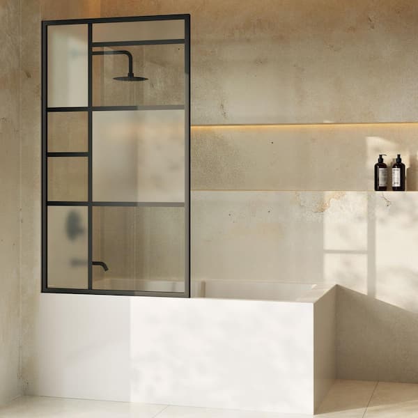 Swiss Madison Leiden 34 in. W x 58 in. H Framed Fixed 3/8 in. (10 mm) Frosted Tempered Clear Glass Tub Door with Black Matte Frame