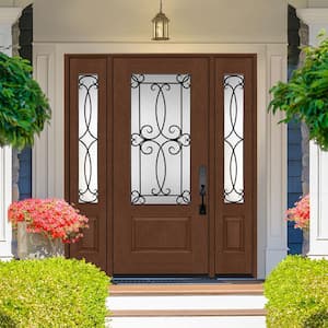 Regency 64 in. x 80 in. 3/4Lite Georgian Decorative Glass LHIS Chestnut Mahogany Fiberglass Prehung Front Door w/12inSLs