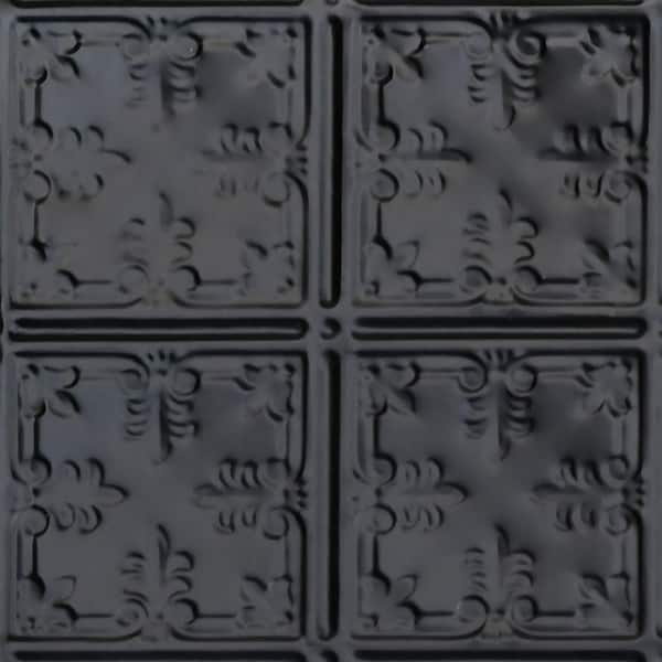 FROM PLAIN TO BEAUTIFUL IN HOURS Take Home Sample - Florentine Satin Black 1 ft. x 1 ft. Decorative Tin Style Lay-in Ceiling Tile (1 sq. ft./case)
