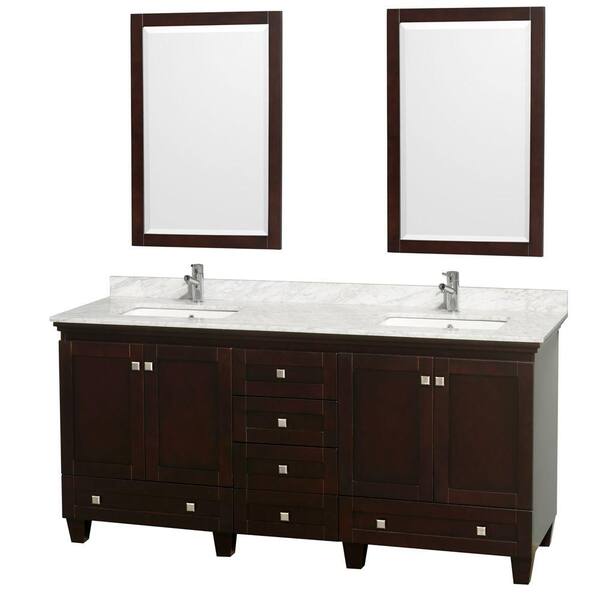 Wyndham Collection Acclaim 72 in. Double Vanity in Espresso with Marble Vanity Top in Carrara White, Square Sink and 2 Mirrors