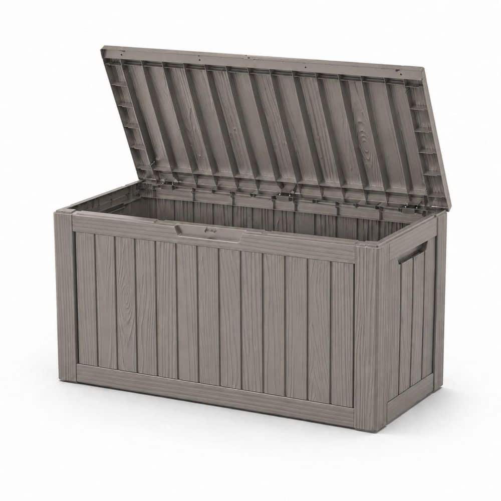 100 Gal. Large Gray Wood Grain Resin Deck Box with Dual Gas Struts, Lockable Patio Pool Outdoor Storage Box