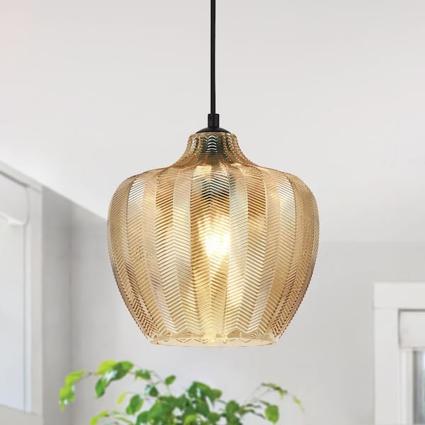 RayHome 9.64 in. 1-Light Modern Amber Adjustable Pendant Light with Striped Globe Glass Shade for Dining Kitchen Island