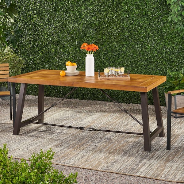 Unbranded Acacia Wood Outdoor Rectangular Dining Table, Metal Frame, Acacia Wood Tabletop, Suitable for Patio, Garden and Backyard