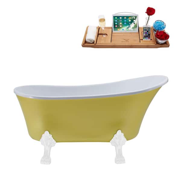 Streamline 55 in. x 26.8 in. Acrylic Clawfoot Soaking Bathtub in Matte Yellow with Glossy White Clawfeet and Matte Pink Drain