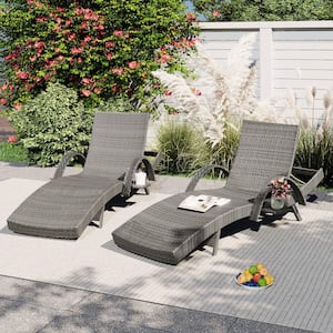 80 in. Gray Outdoor Wicker Chaise Lounge Chairs Set of 2, Patio Reclining Chair Pull-out Side Table, Adjustable Backrest