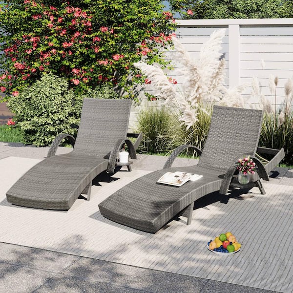 Polibi 80 in. Gray Outdoor Wicker Chaise Lounge Chairs Set of 2, Patio Reclining Chair Pull-out Side Table, Adjustable Backrest