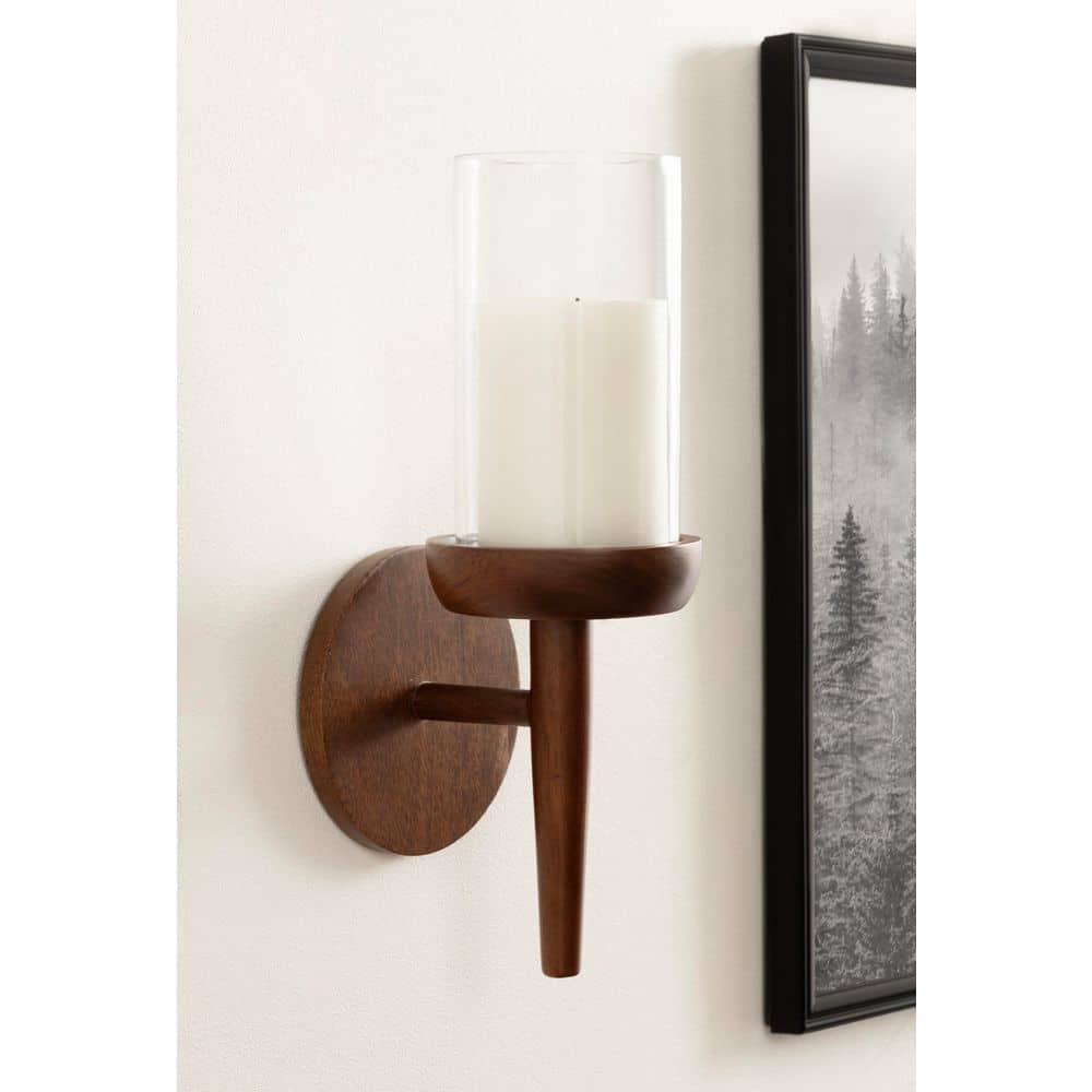 Shae Walnut Brown Mango Wood Wall Sconce with Glass Cylinder