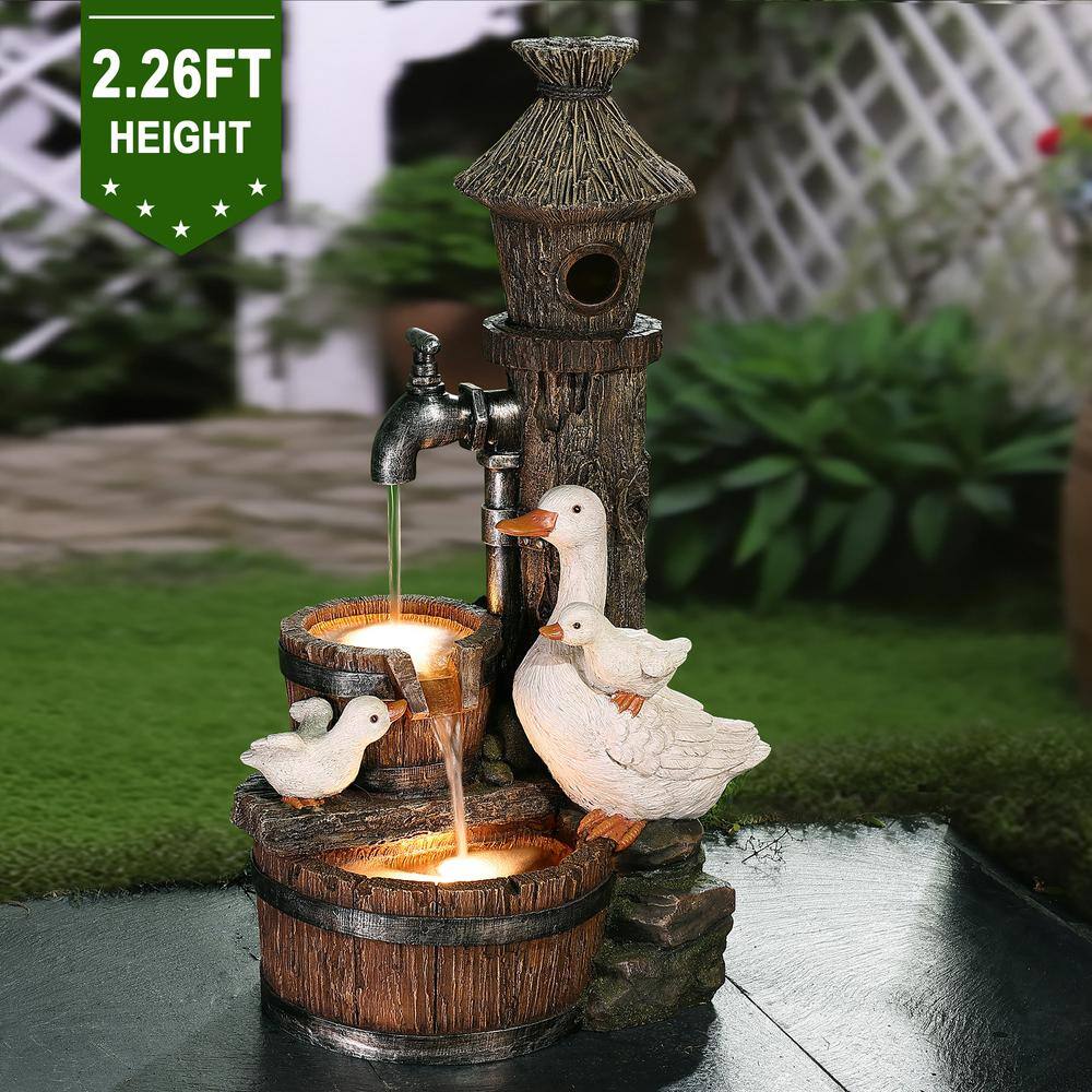 Rustic Farmhouse Ducks and Birdhouse Resin Outdoor Water Fountain with Lights