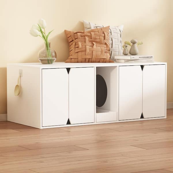 Cat Litter Box Enclosure Furniture for 2 Cats, Indoor Large Modern Wooden 4-Door Cat Washroom with Double Room, White