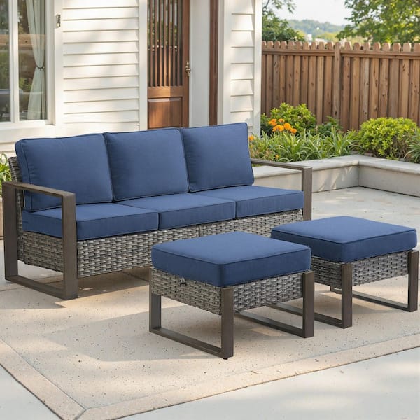 Bellefurn Kove Gray 3-Piece Wicker Outdoor Seactional Set Patio Couch with Matching Ottmans and Blue Cushions for Backyard