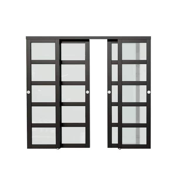 96in x 80in, MDF, PVC Covering, Solid Core, Black Double Slide 5 Lite, Frosted Glass Sliding Door with All Hardware