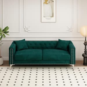 83 in. Wide Square Arm Velvet Modern Rectangle Sofa in Green