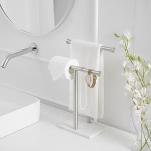 Freestanding Tower Bar with Marble Base Double T-Shape Towel Racks For Bathroom Vanity Countertop in Brushed Nickel