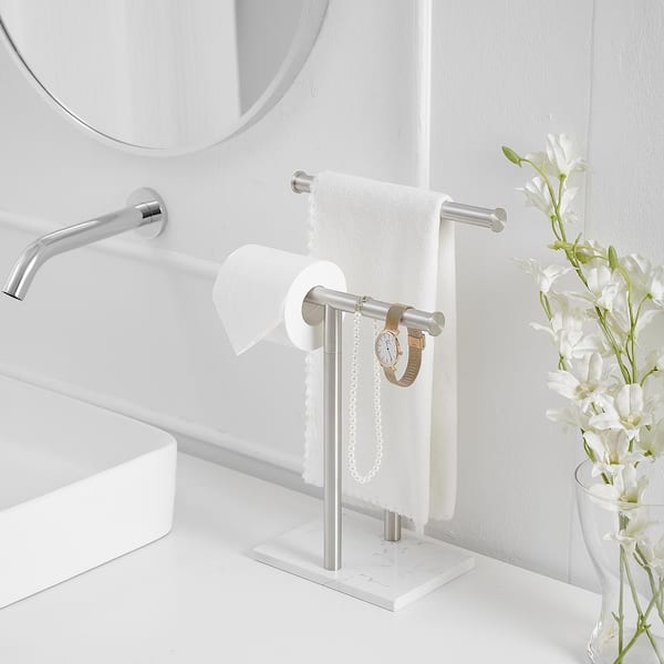Freestanding Tower Bar with Marble Base Double T-Shape Towel Racks For Bathroom Vanity Countertop in Brushed Nickel