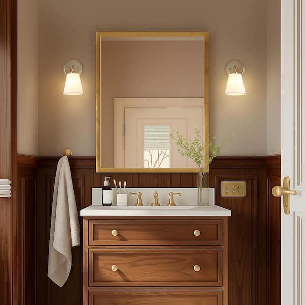 5 in. W x 9.8 in. H 1-Light Brass Wall Sconce with White Linen Fabric Shade,Modern Mid-century Gold Bedroom Vanity Light
