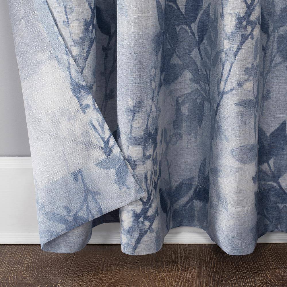 Hilary Blue Watercolor Floral Linen Blend Curtain Panel