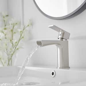 Waterfall Single Handle Single Hole Low-Arc Modern Bathroom Faucet Bathroom Drip-Free Vanity Sink in Brushed Nickel