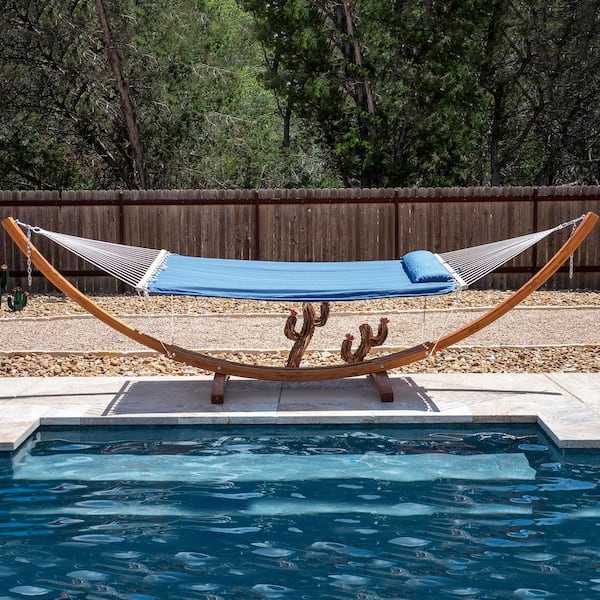 Atesun 2-Person Large Quilted Hammock Bed with 13.5 ft. Wooden Arc Hammock Bed Stand, Solid Blue