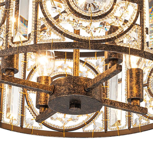 HUOKU Iridescent 4-Light Vintage Crystal Drum Antique Bronze