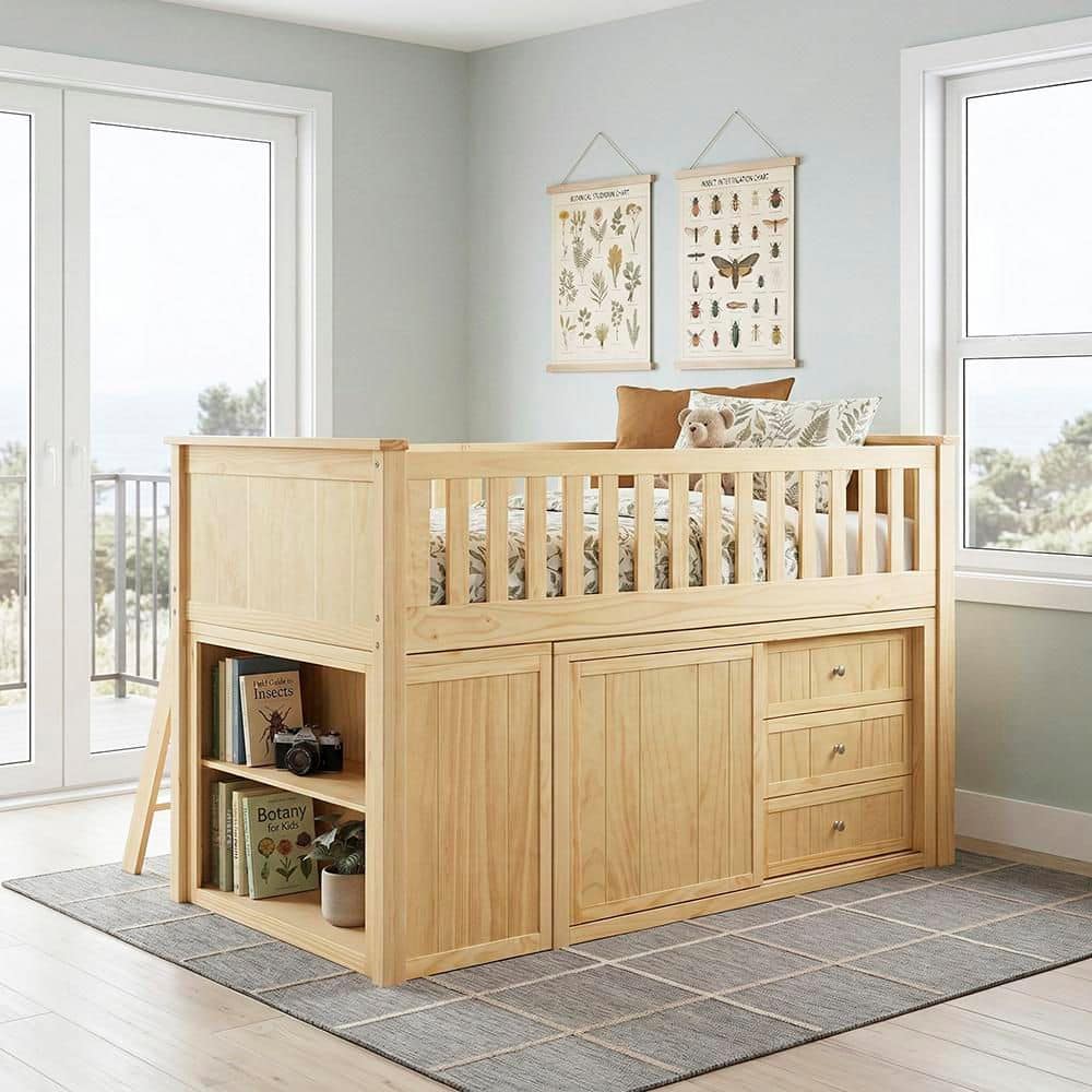 Spaced 82 in. Natural Pine Low Loft Bunk Bed with Bookcase and 2 Dressers