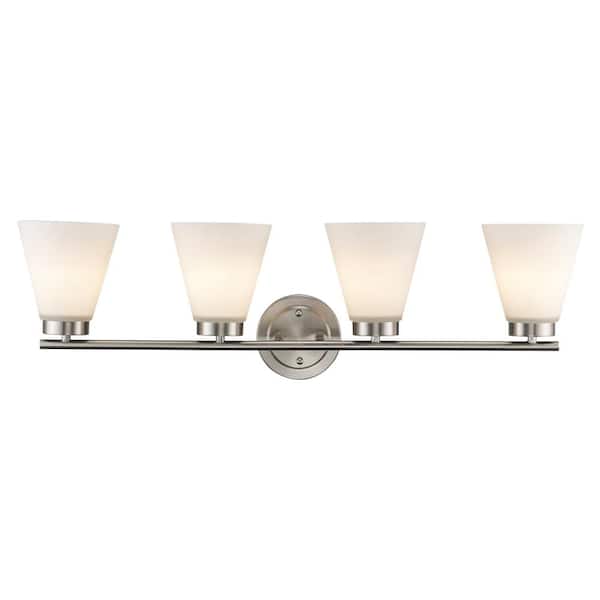 Bel Air Lighting Fifer 31.75 in. 4-Light Brushed Nickel Bathroom Vanity Light Fixture with Frosted Glass Shades