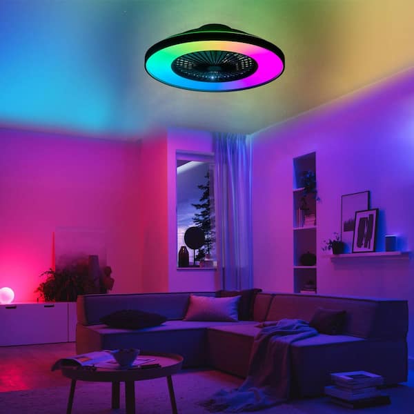 23 in. Smart Indoor Black Flush Mount Standard Low Profile Ceiling Fan with Light and Remote Control