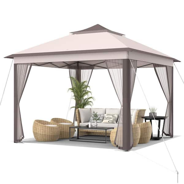 Gymax 11 x 11 ft Pop Up Gazebo 2-Tier Patio Canopy Tent Shelter w/ - Beige