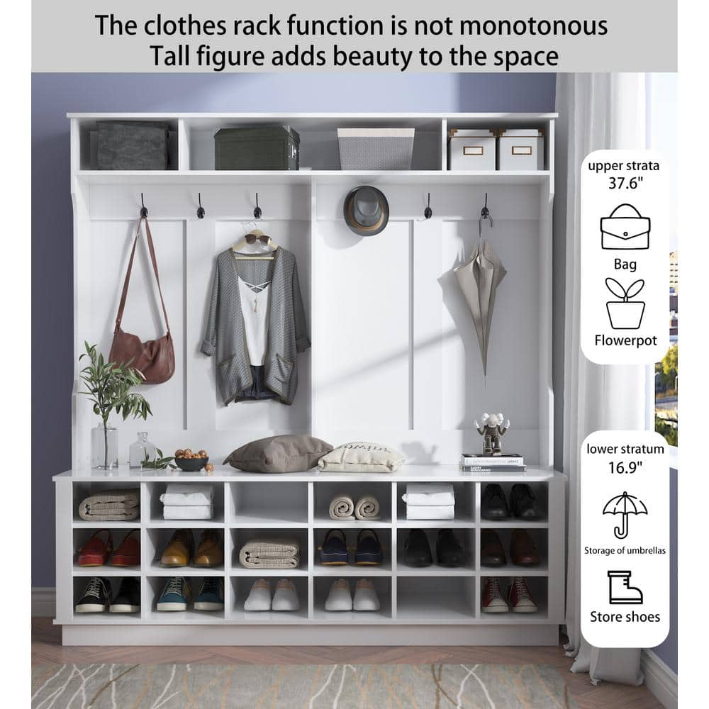 White MDF Wide Hall Tree with Shoe Cubbies and Hooks