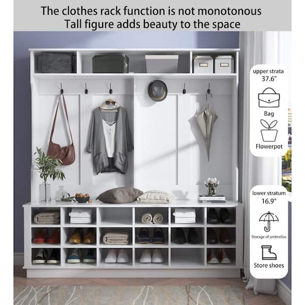 FUFU&GAGA White Wood 3-in-1 Coat Rack Hall Tree Shoe Storage Shoe