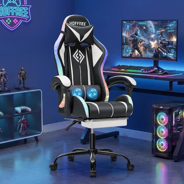 Faux Leather Massage Reclining Ergonomic Gaming Chair in White/Black with LED Lights Adjustable Arms
