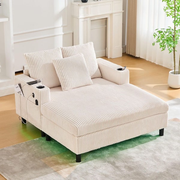 Ely Beige Chenille Upholstered Chaise Lounge Sofa with USB Charging, RGB Light Strip, Cup Holder, Side Pocket, Pillows