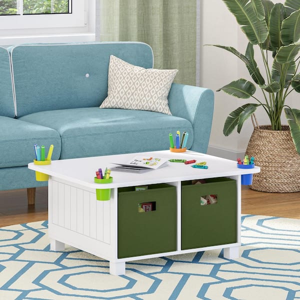 RiverRidge Home Kids Desk and Art Activity Table with 4-Storage Cubbies and 4-Removable Storage Cups - White with 2-Olive Fabric Bins