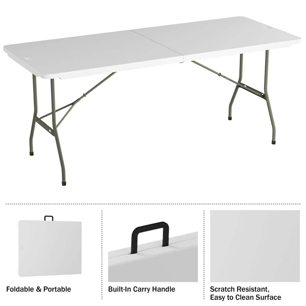 6-Foot White Plastic Folding Utility Table with Metal Frame