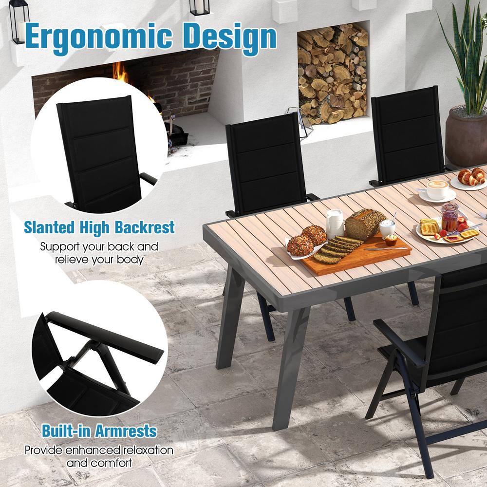 Black Aluminum Outdoor Dining Chair with Adjustable Backrest and Mesh Fabric