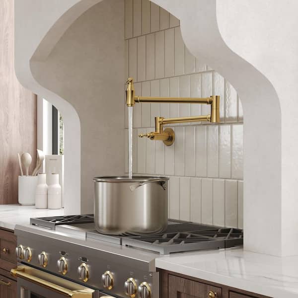 Modern 26 in. Wall-Mount Double-Handle Kitchen Pot Filler Faucet w/ Vibrant Dual Swing Arms Spot Resist in Brushed Gold