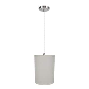 1-Light Satin Nickel Pendant with Eggshell Hardback Drum Fabric Shade