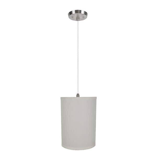 1-Light Satin Nickel Pendant with Eggshell Hardback Drum Fabric Shade