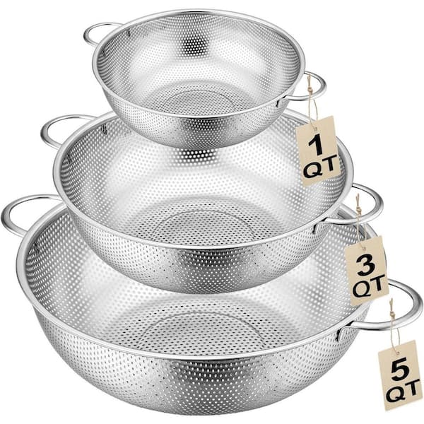 3-Piece Stainless Steel Colander Set with Handles, Nesting Strainers for Pasta, Veggies and Fruit Drainage