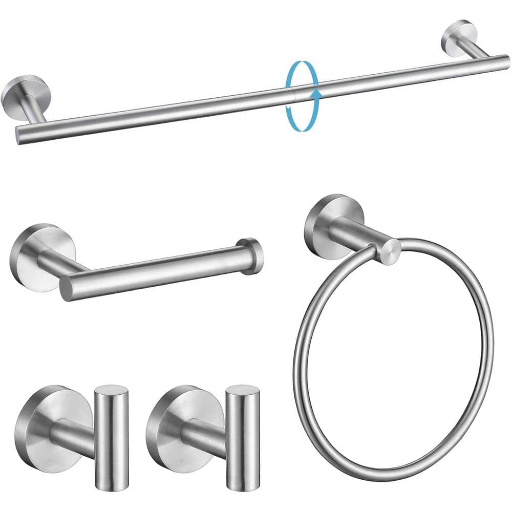 5-Piece Stainless Steel Bath Hardware Set 24 in. Towel Bar, Ring, 2-Robe Ho