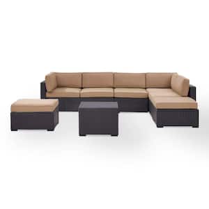 Biscayne 7-Person Wicker Outdoor Seating Set with Mocha Cushions -2 Loveseats, 1 Armless Chair, Coffee Table, 2 Ottomans
