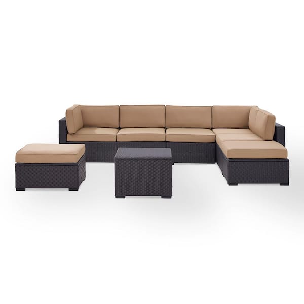 CROSLEY FURNITURE Biscayne 7-Person Wicker Outdoor Seating Set with Mocha Cushions -2 Loveseats, 1 Armless Chair, Coffee Table, 2 Ottomans