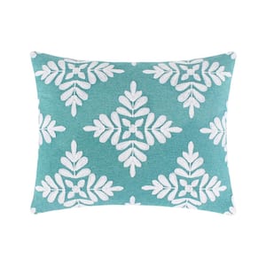 Bellamy Teal, White Medallion Crewel Stitch 14 in. x 18 in. Throw Pillow